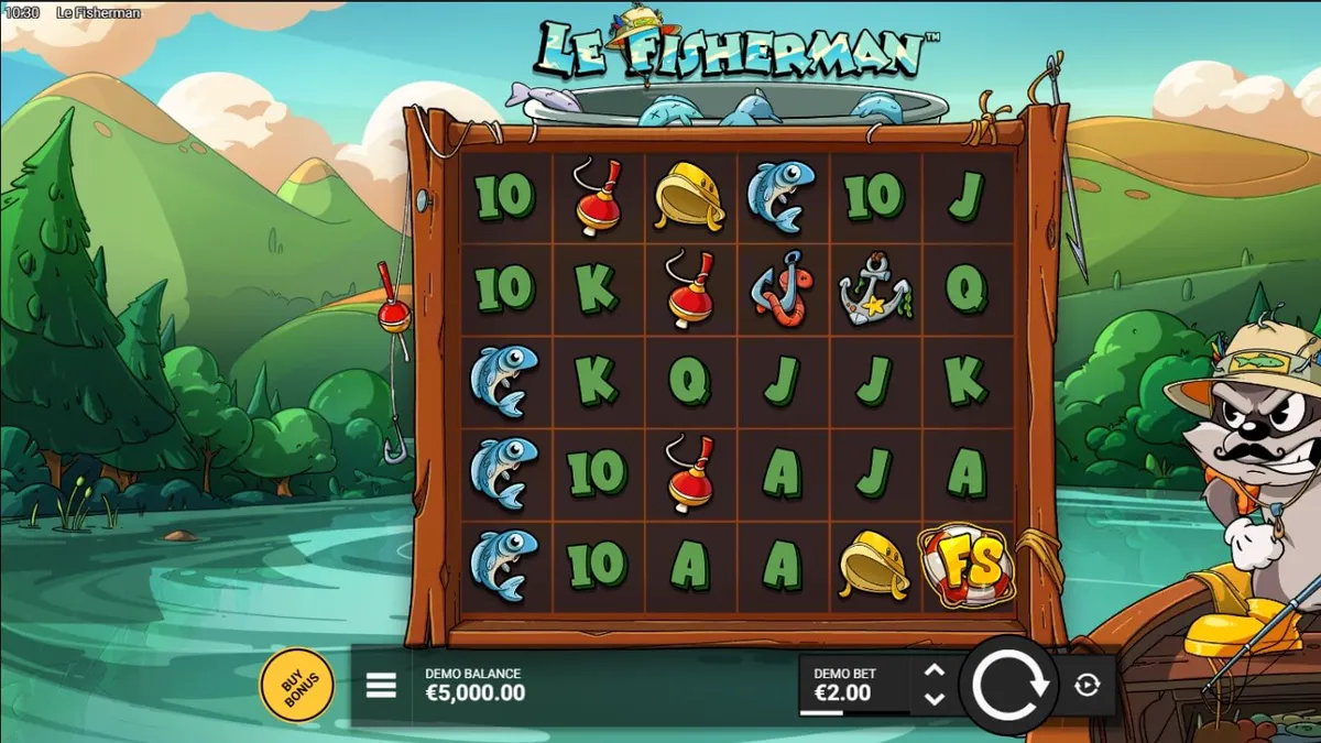 Visual vibrante e cartoon do slot Le Fisherman com o guaxinim Smokey