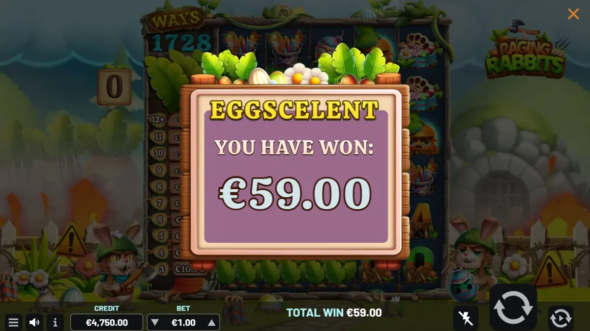 Cenário de batalha cômico do slot Raging Rabbits com coelhos e cenouras explosivas