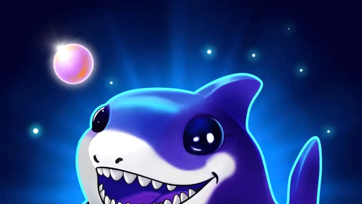 Interface colorida e subaquática do slot Shark & Spark Hold & Win com o personagem tubarão.
