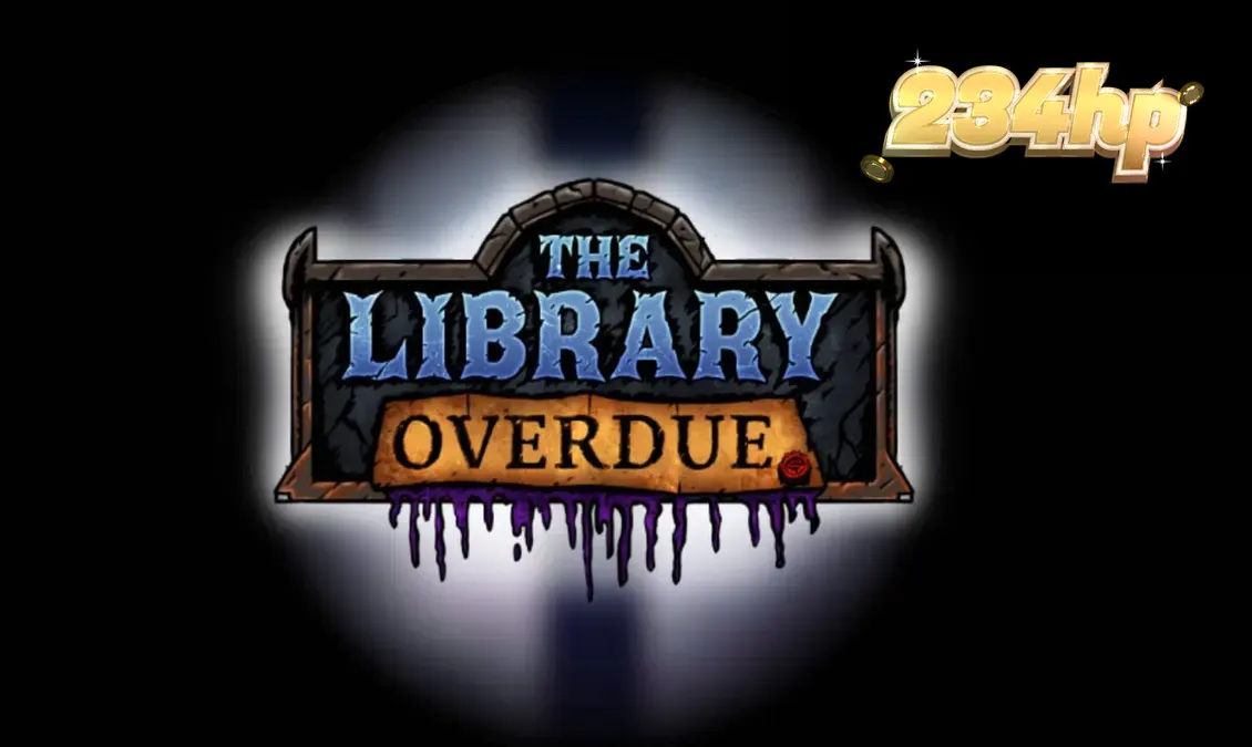 Interface sombria e gótica do slot The Library Overdue com símbolos de personagens e livros antigos.